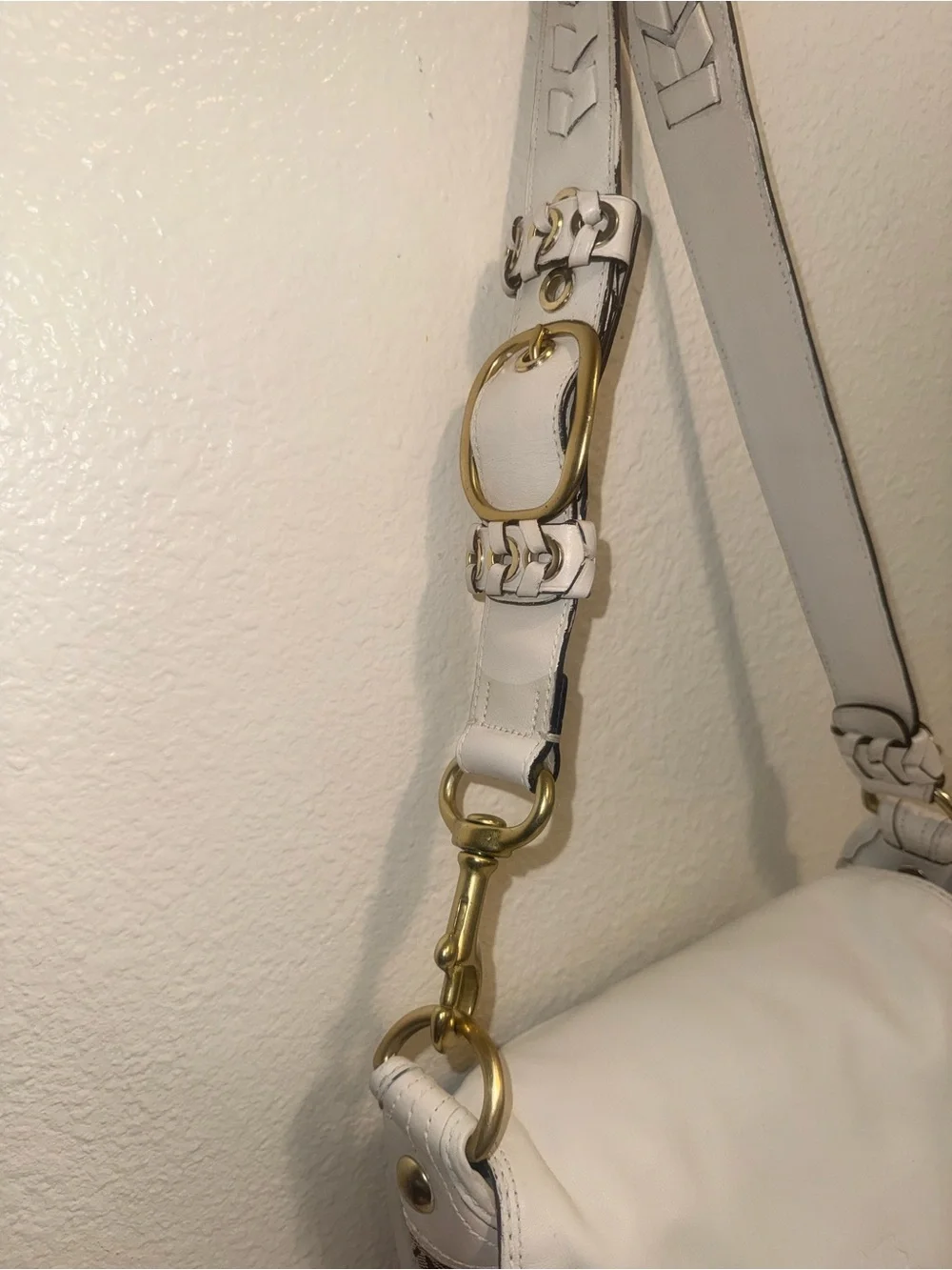 Coach White and Brown Signature Shoulder Bag with Brass Buckles